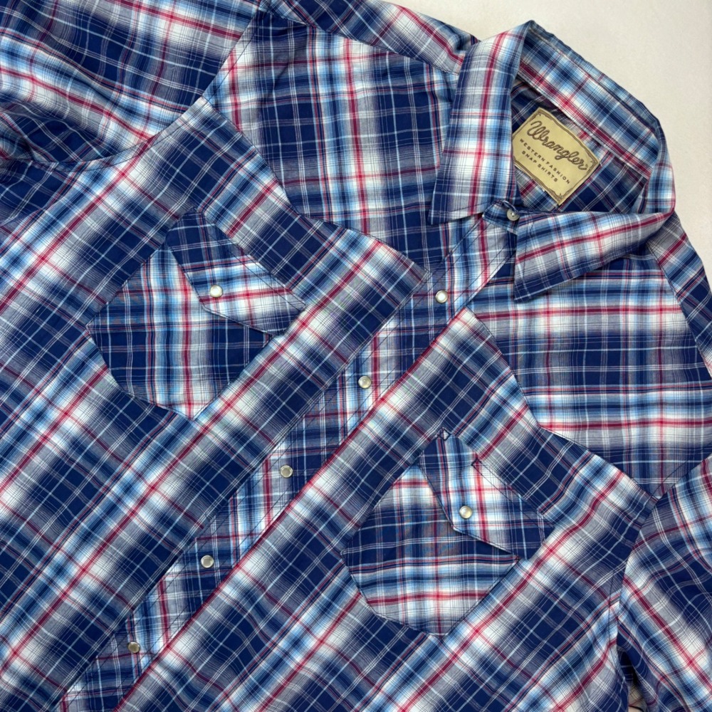 Wrangler Western Fashion Snap Shirt Blue Red Plaid Short Sleeve Men's Size 2XL‎